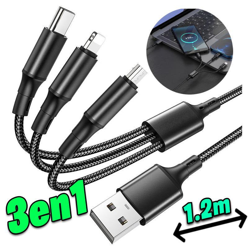 Cable 3 En 1 Carga Rápida USB a Tipo C Lightn micro USB Celular Tablet Auto